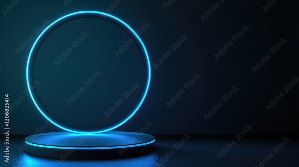 Surreal neon blue background with a minimalist podium and circle shape. Elegant scene for displaying cosmetic products, beauty mockups, or packaging designs. Surreal neon blue background with a minimalist podium and circle shape. Elegant scene for displaying cosmetic products, beauty mockups, or packaging designs.