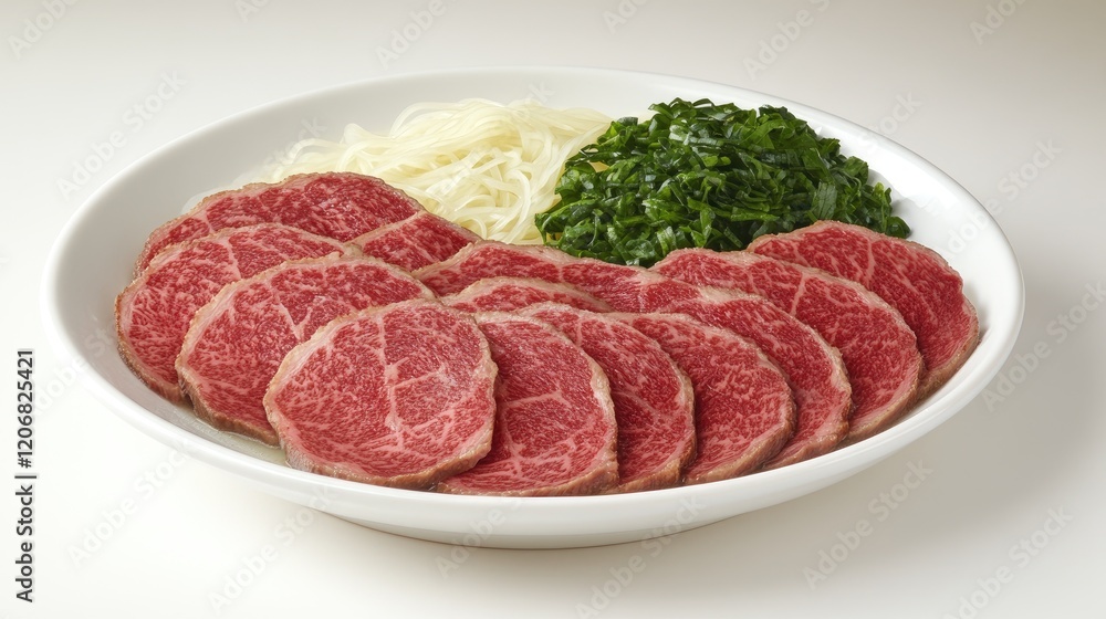 Sliced premium beef with noodles and greens on a plate Sliced premium beef with noodles and greens on a plate