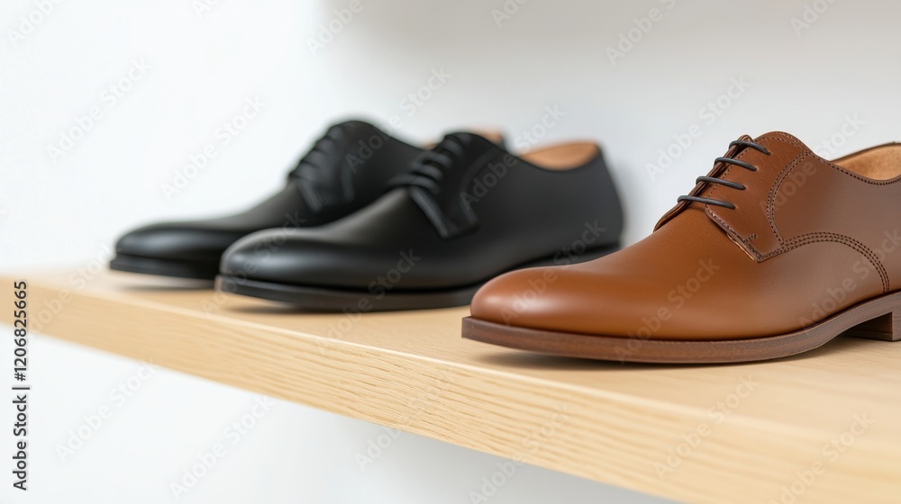 Craftsman professions design. Stylish men's shoes displayed on a wooden shelf. Craftsman professions design. Stylish men's shoes displayed on a wooden shelf.