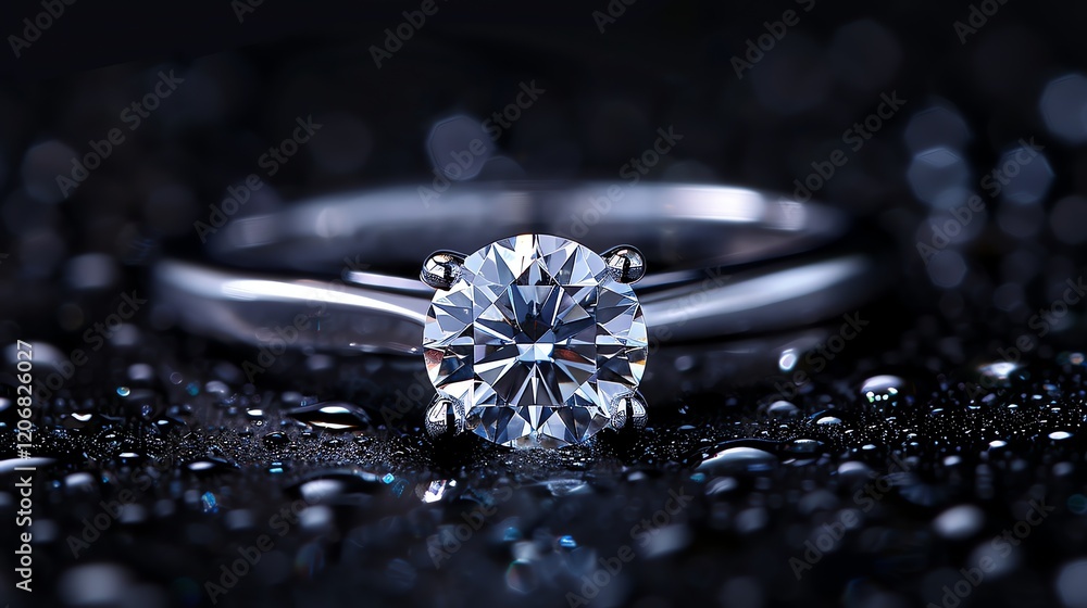 Close-up of a beautiful diamond ring on a black background with water droplets. The diamond is round and brilliant-cut, and it sparkles in the light. Close-up of a beautiful diamond ring on a black background with water droplets. The diamond is round and brilliant-cut, and it sparkles in the light.
