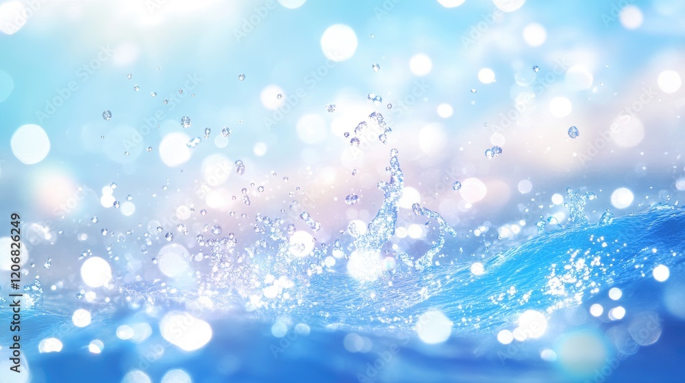 Transparent blue water wave surface with gentle splashes and bubbles, reflecting sunlight. Great for skincare product visuals like micellar toner or cosmetic emulsion. Transparent blue water wave surface with gentle splashes and bubbles, reflecting sunlight. Great for skincare product visuals like micellar toner or cosmetic emulsion.