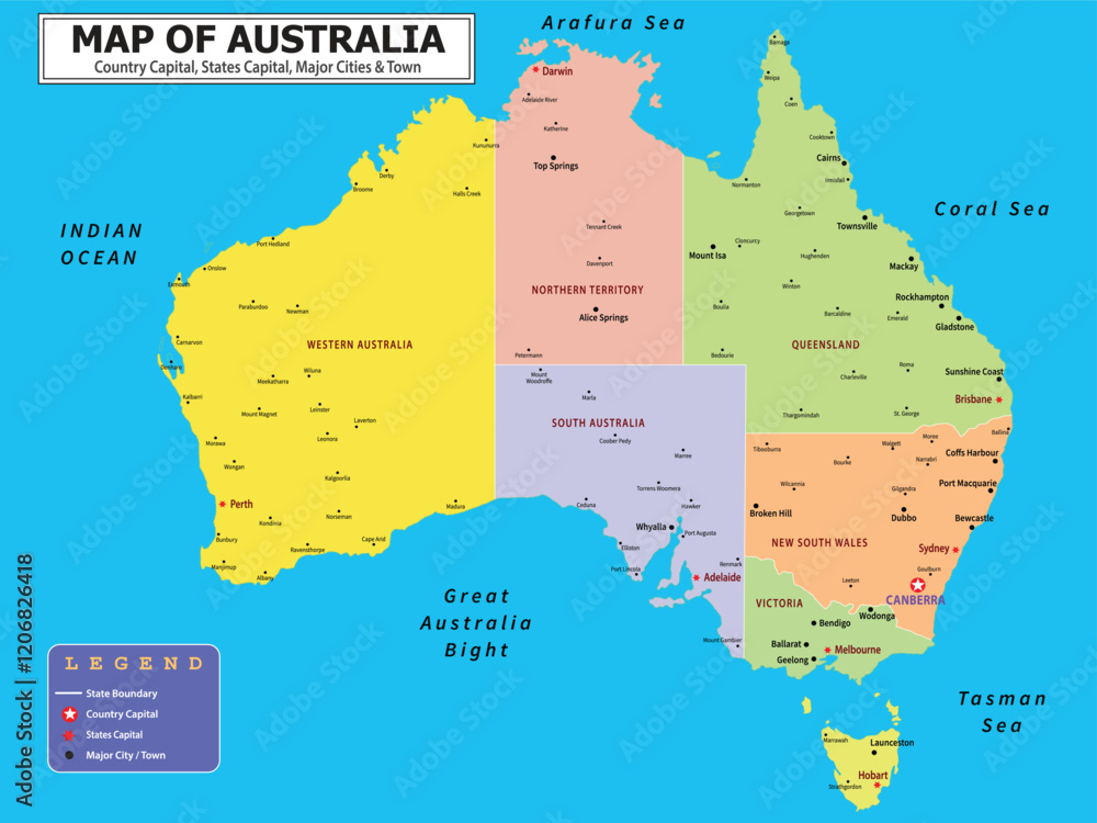 Obraz premium Australian Countries Geography Political map. Political map of country with capital, province or state capital, major cities and town.