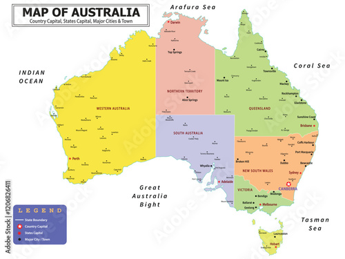 Australian Countries Geography Political map. Political map of country with capital, province or state capital, major cities and town.