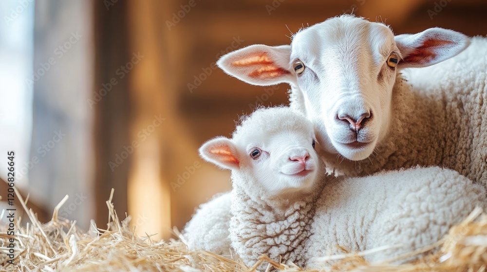 Mother sheep and lamb cuddling in a cozy barn Mother sheep and lamb cuddling in a cozy barn