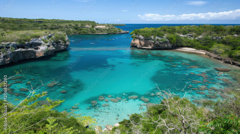 stunning coastal view featuring clear turquoise waters, rocky cliffs, and lush greenery under bright blue sky. This serene landscape invites relaxation and exploration stunning coastal view featuring clear turquoise waters, rocky cliffs, and lush greenery under bright blue sky. This serene landscape invites relaxation and exploration