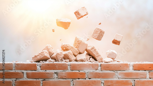 Breaking Barriers: Crumbling bricks and dust fly from a damaged brick wall, symbolizing overcoming obstacles and breaking through limitations. photo