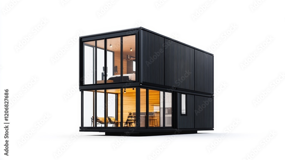 Modern minimalist container house with large glass windows, showcasing contemporary interior design and inviting outdoor seating arrangement in a sleek setting Modern minimalist container house with large glass windows, showcasing contemporary interior design and inviting outdoor seating arrangement in a sleek setting