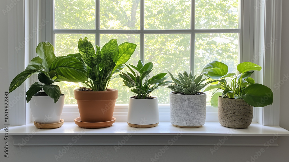 Windowsill Greenery: A minimalist windowsill arrangement features five potted plants, each in its own distinct pot, adding a touch of natural beauty to the home. The plants. Windowsill Greenery: A minimalist windowsill arrangement features five potted plants, each in its own distinct pot, adding a touch of natural beauty to the home. The plants.