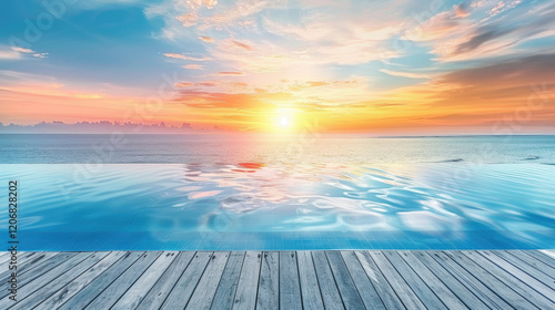 Stunning sunset over tranquil infinity pool  reflecting vibrant colors on water surface. perfect scene for relaxation and serenity