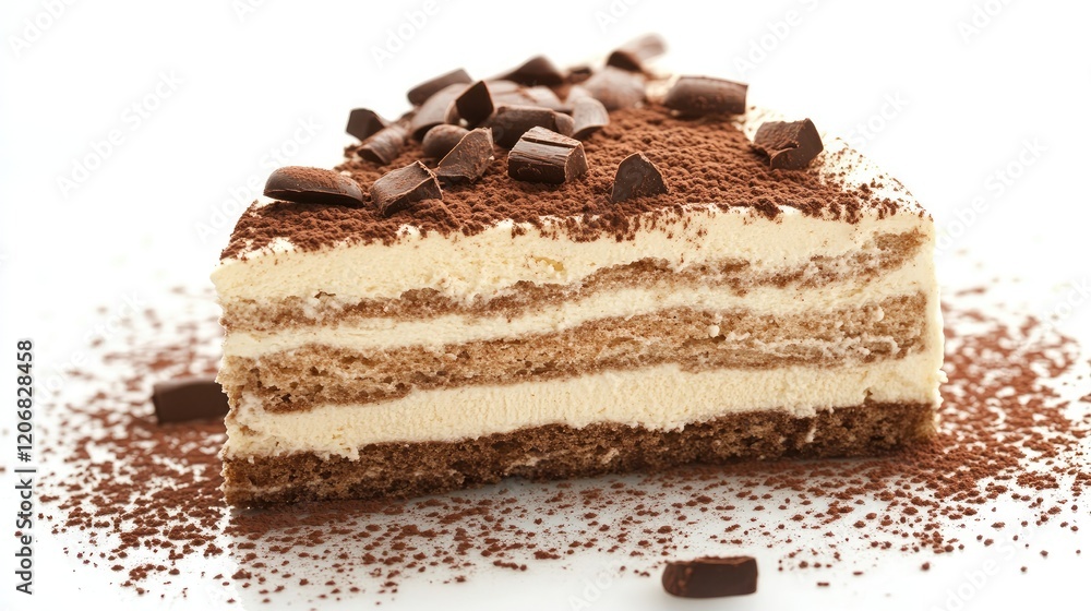 Delicious chocolate tiramisu slice with cocoa dusting