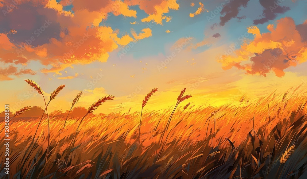 Golden wheat field at sunset with vibrant sky. Golden wheat field at sunset with vibrant sky.