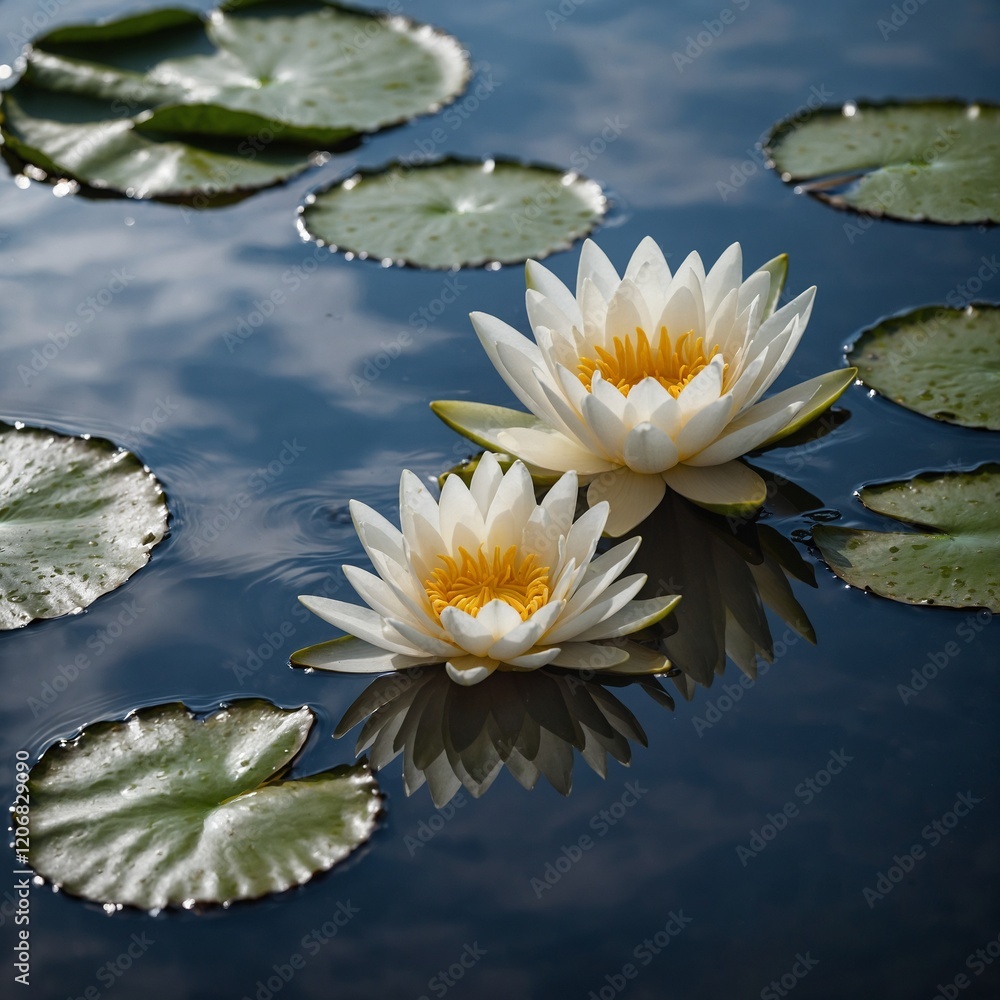 A white water lily glowing on a reflective glass-like surface.