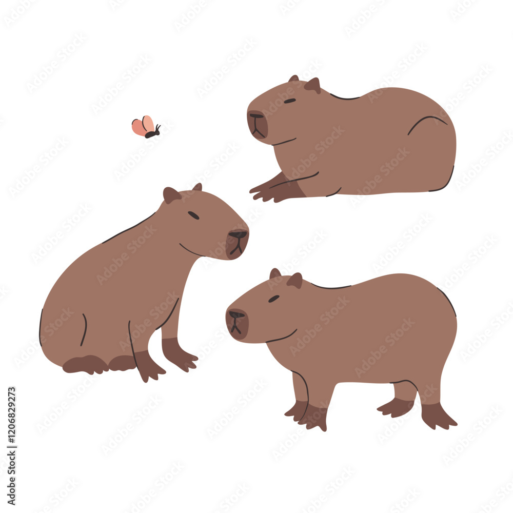 Obraz premium Cute hand drawn illustration set with capybaras . Animal vector objects isolated on white. Template for package, gift card, ads design