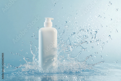 Bottle of water with splashing water against vibrant background. photo