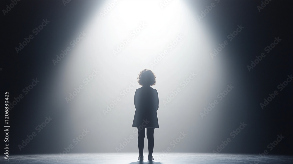 Obraz premium The Spotlight's Embrace: A solitary silhouette of a young girl stands bathed in the brilliance of a single spotlight, a dramatic.