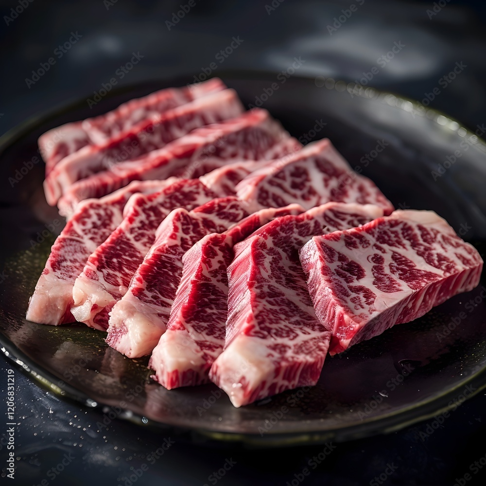 A plate of meat with a black background A plate of meat with a black background