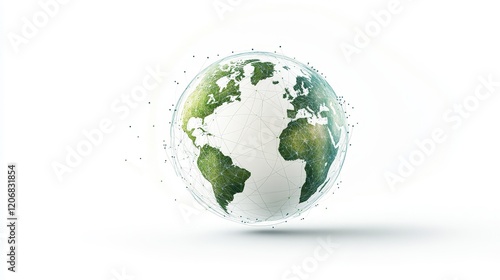 Abstract visualization of a globe symbolizing global connection, sustainability, and technology, showcasing a digitally created Earth with green landscapes and networks.