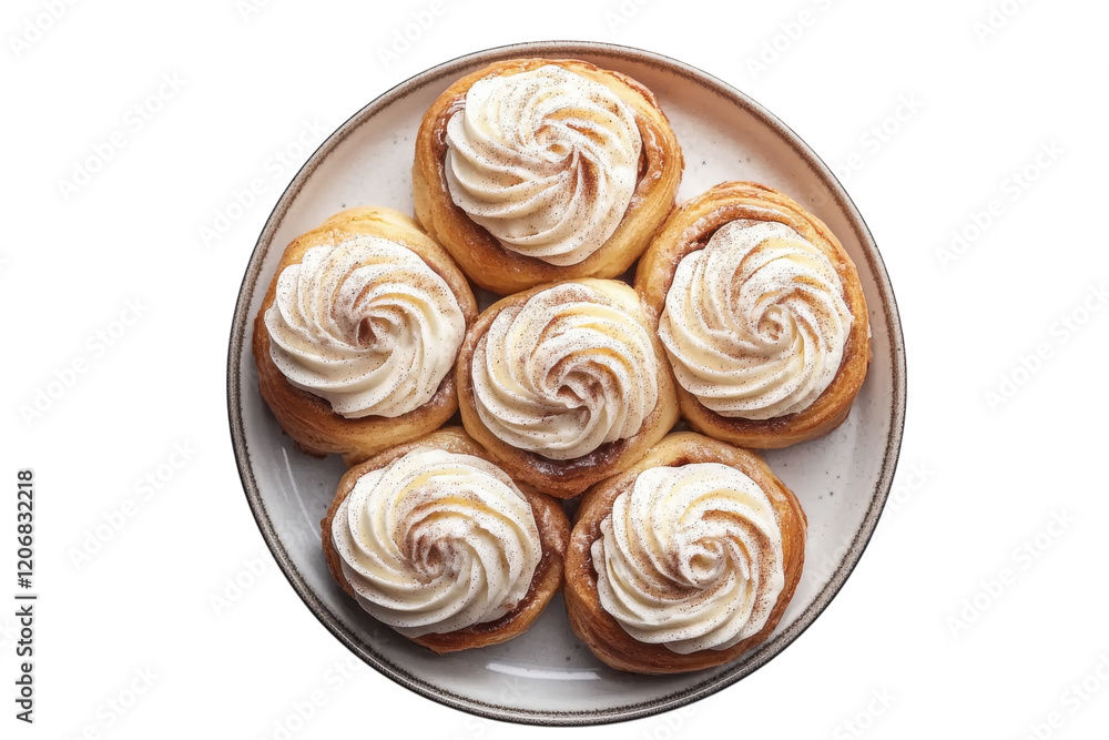 Fototapeta premium Delicious cinnamon rolls with creamy frosting arranged on a plate for a delightful dessert experience