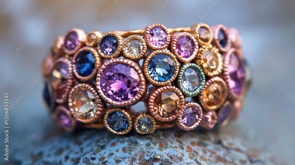 A cluster ring with multicolored gemstones on a textured background. A cluster ring with multicolored gemstones on a textured background.