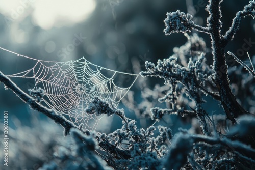 A close-up of a delicate spider web covered in frost, glistening in the soft dawn light. Nature's artistry showcased in a serene winter landscape. photo