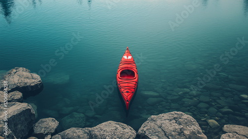 A minimalist image of a single, red kayak with a Canadian flag, on a clear lake.