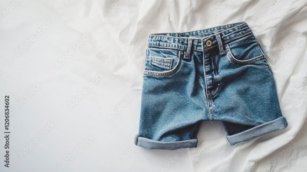 A flat lay of classic blue jeans shorts with rolled-up cuffs on a white background. A flat lay of classic blue jeans shorts with rolled-up cuffs on a white background.