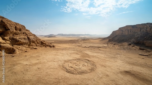 Expansive Desert Landscape with Ancient Symbols on Ground, Vast Sky, and Rocky Terrain, Evoking Mysteries of Historical Civilizations and Nature's Beauty