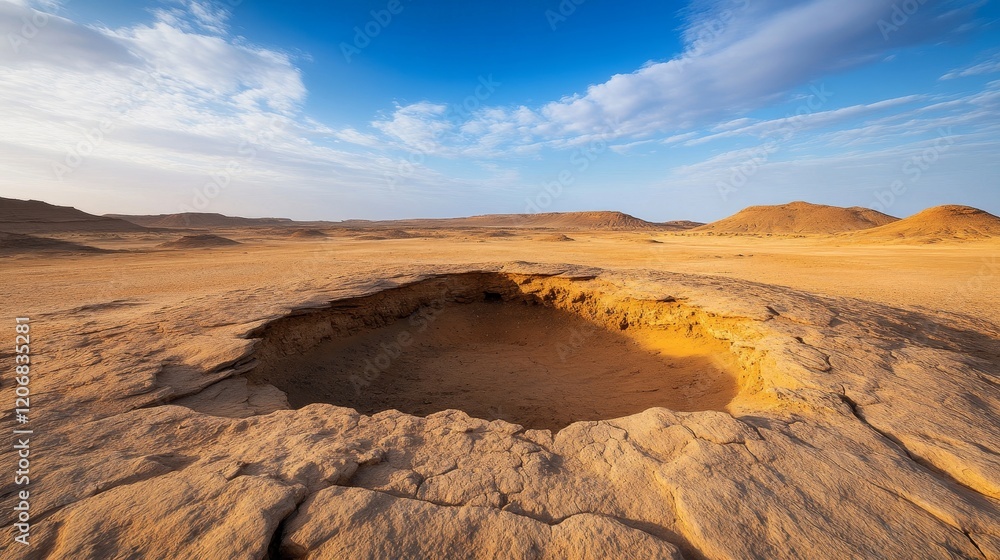 Breathtaking View of an Erosion-Created Hollow in the Desert Landscape Under a Clear Blue Sky with Wispy Clouds and Dramatic Terrain Features Breathtaking View of an Erosion-Created Hollow in the Desert Landscape Under a Clear Blue Sky with Wispy Clouds and Dramatic Terrain Features