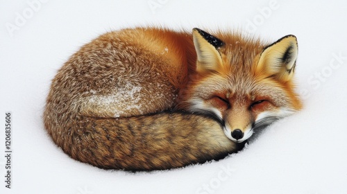 A peaceful red fox curled up in the snow, showcasing its vibrant fur and serene expression, perfect for nature and wildlife themes. photo