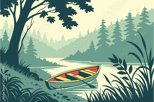 Boat in a lake scene vector illustration,
there is a man in a boat on a lake surrounded by trees, rowing boat, forest and river, landscape vector illustration