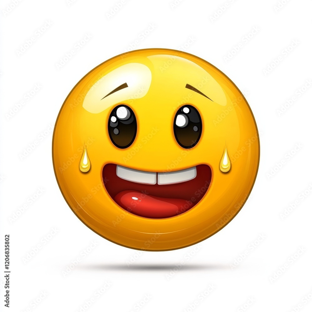 Fototapeta premium Cheerful yellow emoji character with big eyes and a wide smile expressing happiness and joy, suitable for various digital communication purposes and social media posts.