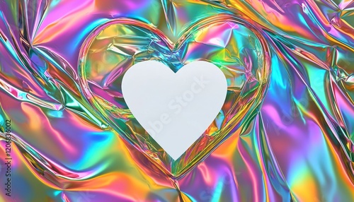 Holographic foil texture with heart cutout, rainbow reflections, white center