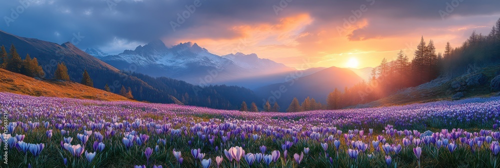Obraz premium Majestic Sunset Over a Crocus Meadow in the Alps