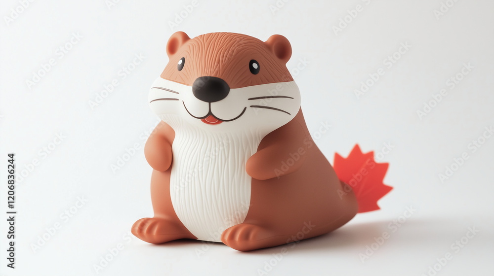Fototapeta premium A plain, white background with one beaver toy, Canada's national animal, in red and white.