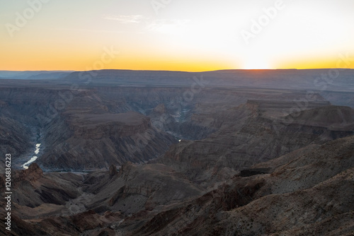 Landscape shot of the sunset over the Fish River Canyon in Southern Namibia.