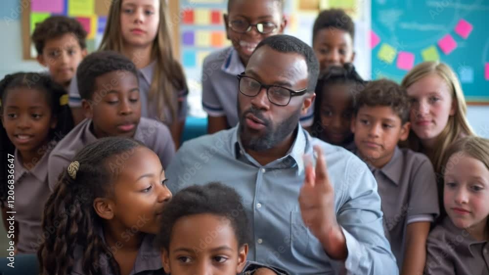Enthusiastic male teacher engages with his elementary school students in a colorful and vibrant classroom setting, promoting active learning and participation. Enthusiastic male teacher engages with his elementary school students in a colorful and vibrant classroom setting, promoting active learning and participation.