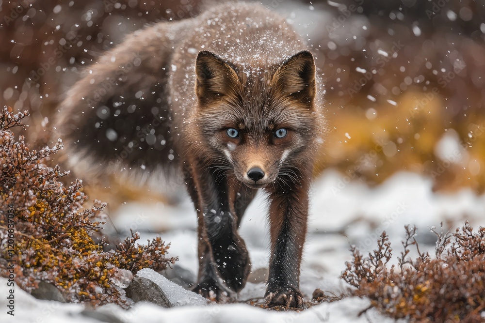 Obraz premium A strikingly beautiful fox walks through a snowy landscape, showcasing its thick fur and captivating blue eyes against a backdrop of soft snowflakes.
