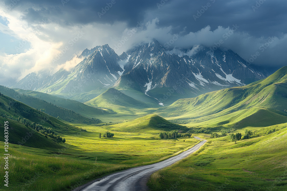 Road winding through misty mountains under a cloudy sky. Road winding through misty mountains under a cloudy sky.