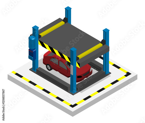 Isometric hydraulic press compresses damaged car for recycling and transportation. Preparation of unnecessary auto junk for recycling. Aerial view 3D vector isolated on white background