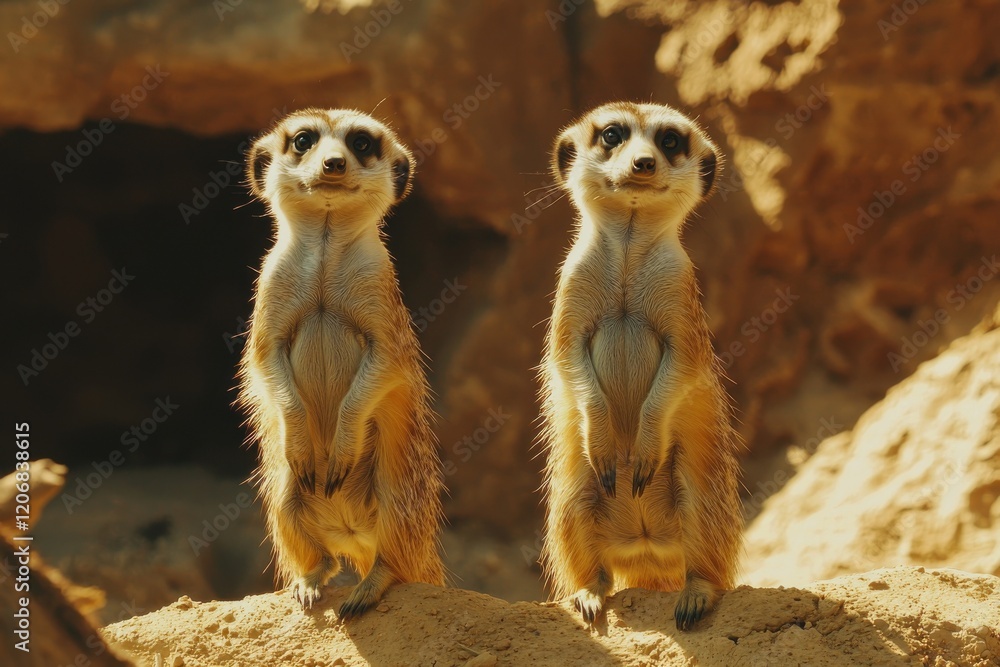 Two adorable meerkats stand upright, showcasing their curious nature in a sandy environment, highlighting their unique characteristics and playful demeanor. Two adorable meerkats stand upright, showcasing their curious nature in a sandy environment, highlighting their unique characteristics and playful demeanor.