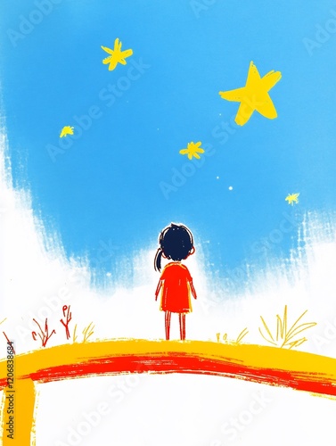 Vibrant Digital Painting: Child Wonderingly Gazes at Bright Night Sky. AI Generated
