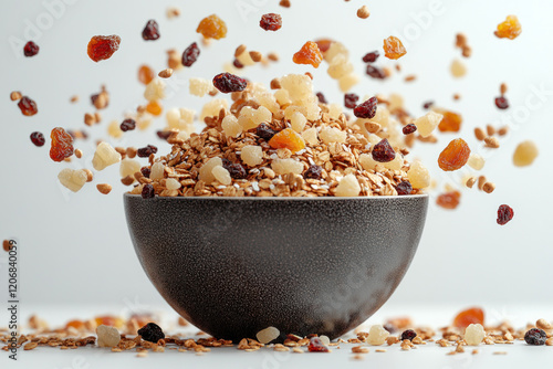 Bowl filled with grains and nuts, a spoon rests on the edge, surrounded by green herbs and a sliced avocado, on a wooden table with soft natural lighting.