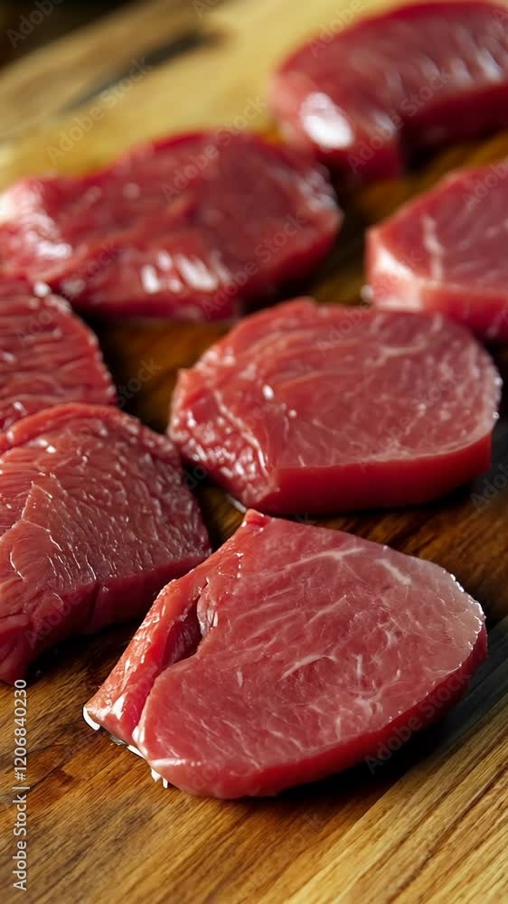 Freshly cut beef slices ready for cooking with vibrant red color and marbling on a wooden cutting board Freshly cut beef slices ready for cooking with vibrant red color and marbling on a wooden cutting board