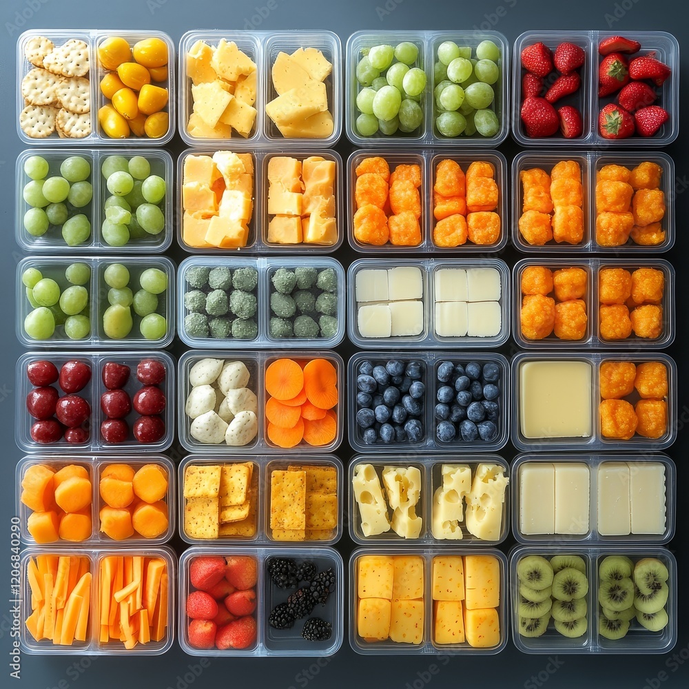 Organized assortment of healthy snacks in individual containers. Organized assortment of healthy snacks in individual containers.