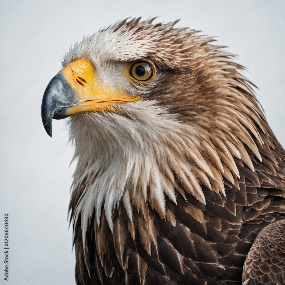 Obraz premium A majestic eagle with its feathers slightly ruffled in the wind, on a white background.