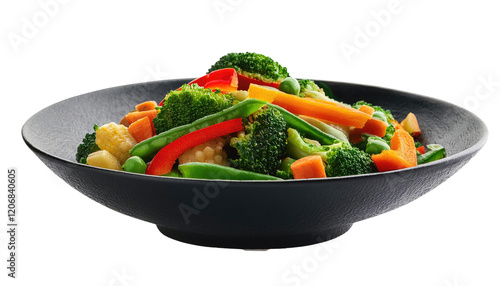 Stir-fried vegetables in a black dish with vegetarian fare  isolated on a white or transparent background photo