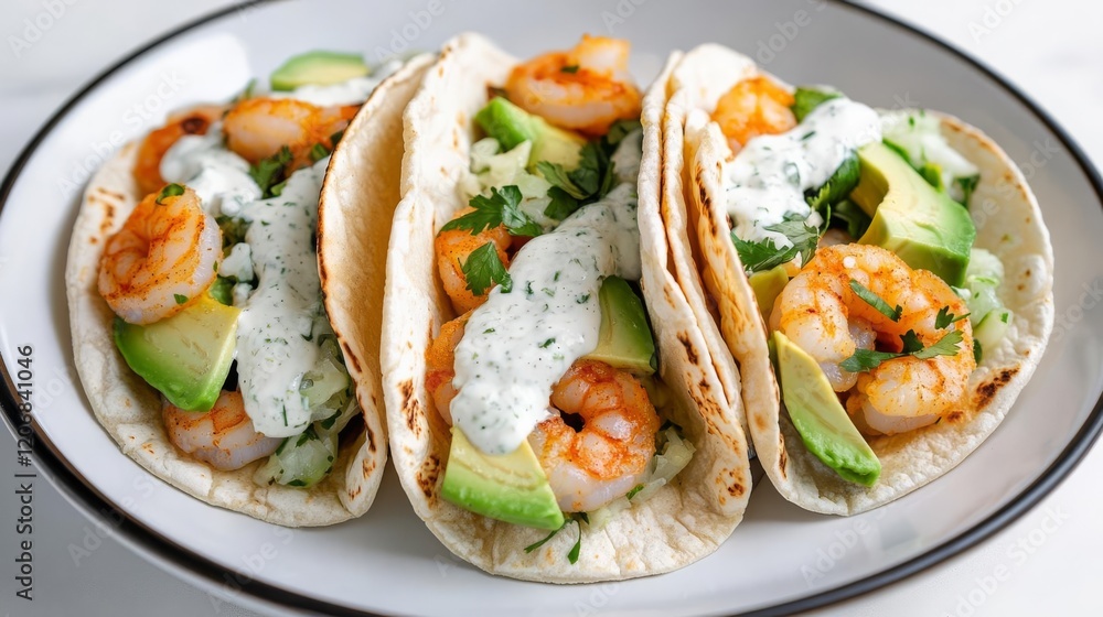 Shrimp tacos with avocado slices and a drizzle of garlic lime crema Shrimp tacos with avocado slices and a drizzle of garlic lime crema