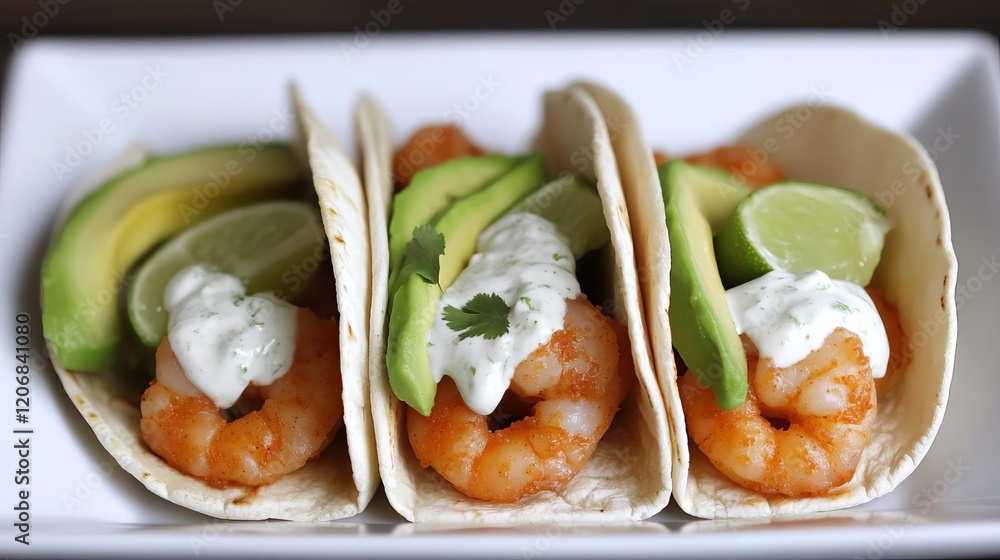 Shrimp tacos with avocado slices and a drizzle of garlic lime crema Shrimp tacos with avocado slices and a drizzle of garlic lime crema