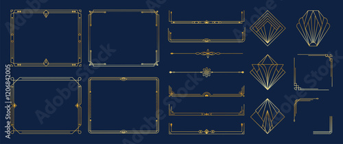 Collection of geometric art deco ornament vector. Luxury golden decorative elements with different line, frame, header, divider, border. Set of elegant design suitable for card, invitation, poster.