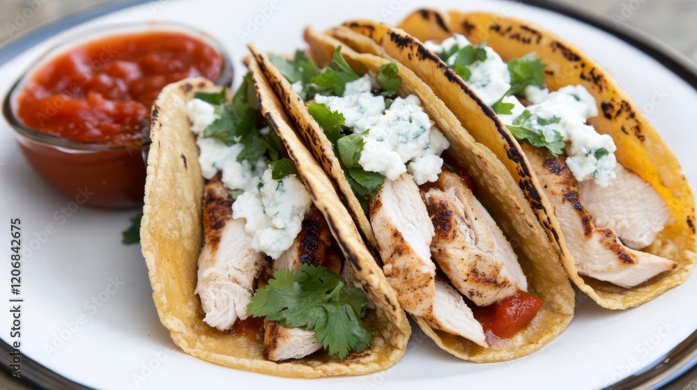 Soft tacos with grilled chicken, queso fresco, and spicy salsa roja Soft tacos with grilled chicken, queso fresco, and spicy salsa roja